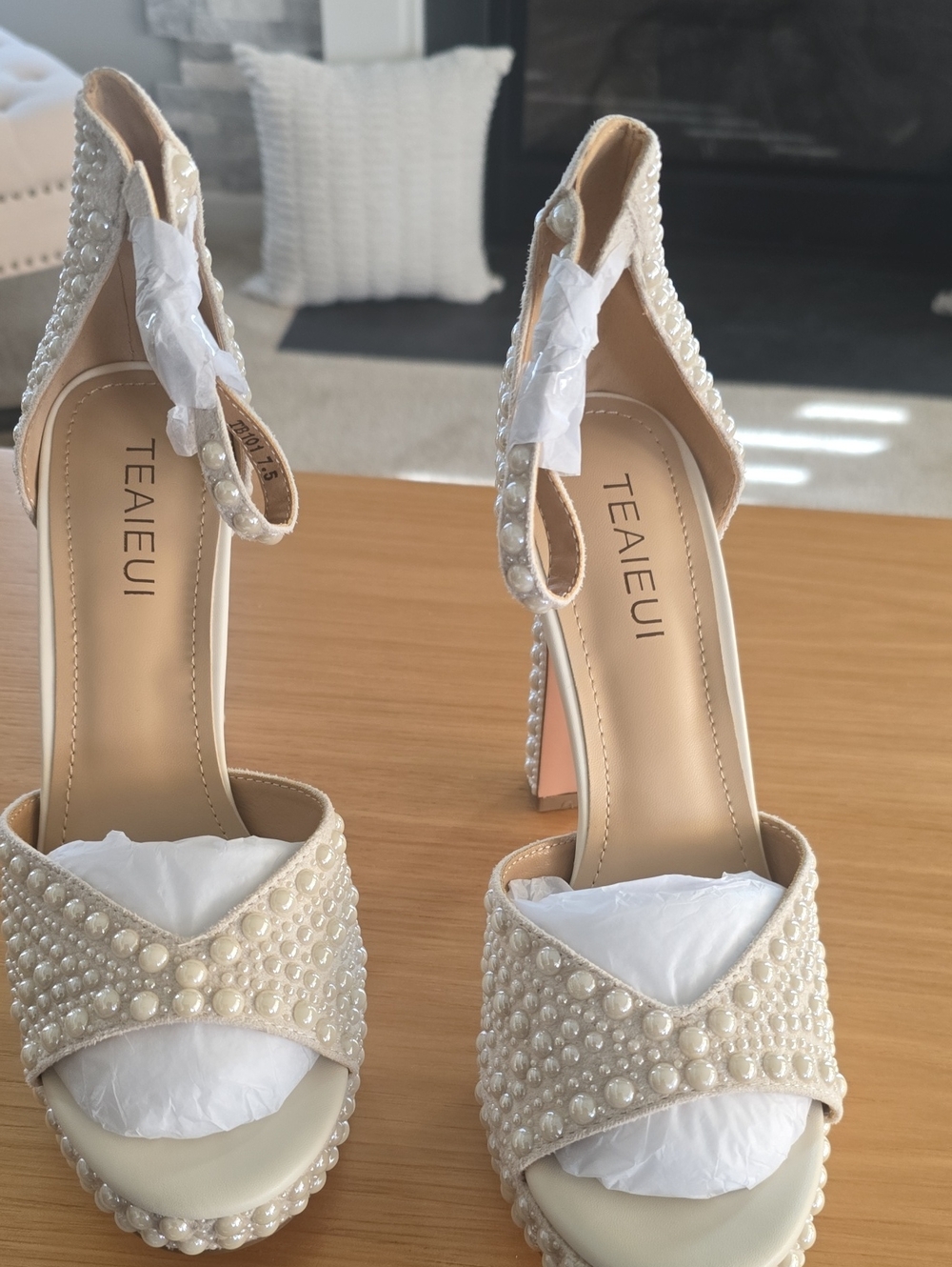 Pearl-Embellished Cream High Heel Sandals